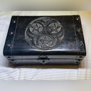 Three of Pentacles Pagan Altar Wood Box for trinkets, jewelry, money, etc..